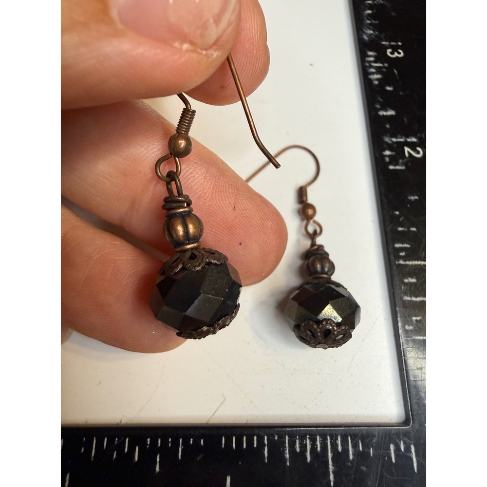 Handmade Black Faceted Bead Copper Filigree Drop Earrings Fishhook Boho